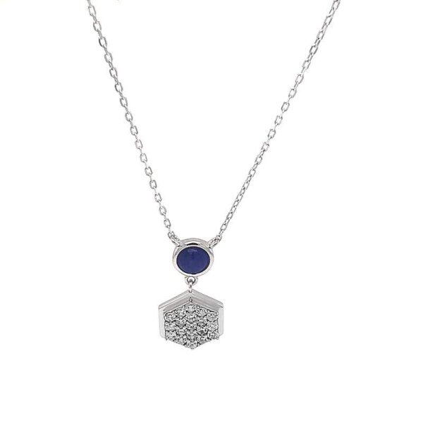 Collier mit Anhänger aus rhodiniertem 925er Silber mit Cat-Eye blau und Zirkonia (40+2+3cm)