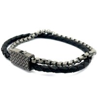 Armband Doppelreihig Leder Edelstahl Gunmetal Grau, 21cm