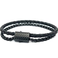 Armband Doppelreihig Leder Edelstahl Schwarz, 21cm -...