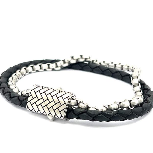 Armband Doppelreihig Leder Edelstahl, 21cm ST-00341B