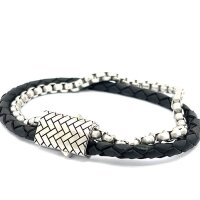 Armband Doppelreihig Leder Edelstahl, 21cm ST-00341B