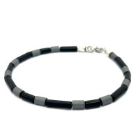 Hämatit Edelstahl Armband mit Onyx Elementen, 21+2cm